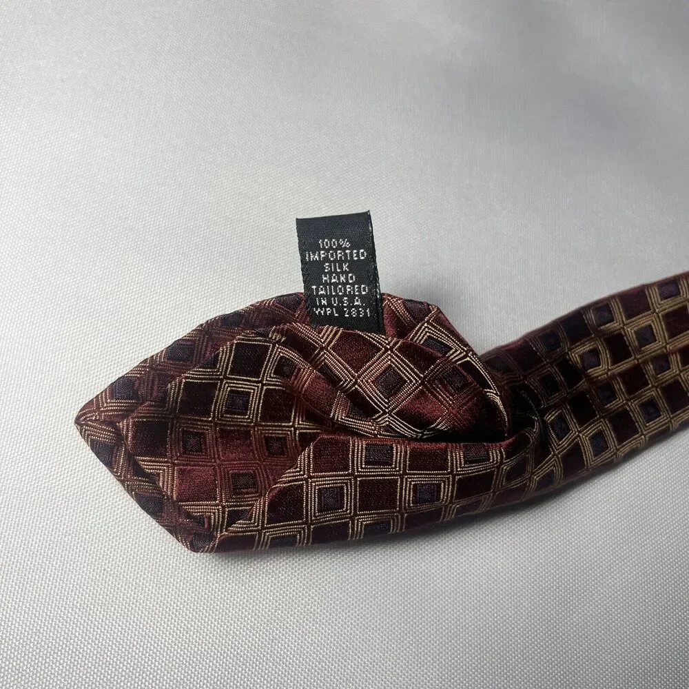 IKE BEHAR Mens Tie Red Gold 100% Silk USA Designer Geometric 60